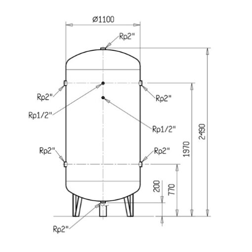 Diagram showing the dimensions of the 2000L large compressed air receiver