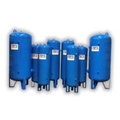 Image has a white background and shows all of Hi-Line's vertical air compressor receiver tanks in all sizes.