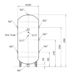 Diagram showing the dimensions of the 3000L Large Vertical Compressed Air Receiver