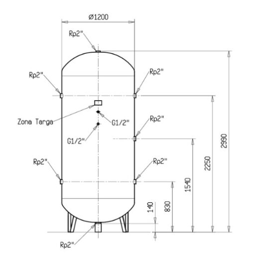 Diagram showing the dimensions of the 3000L Large Vertical Compressed Air Receiver