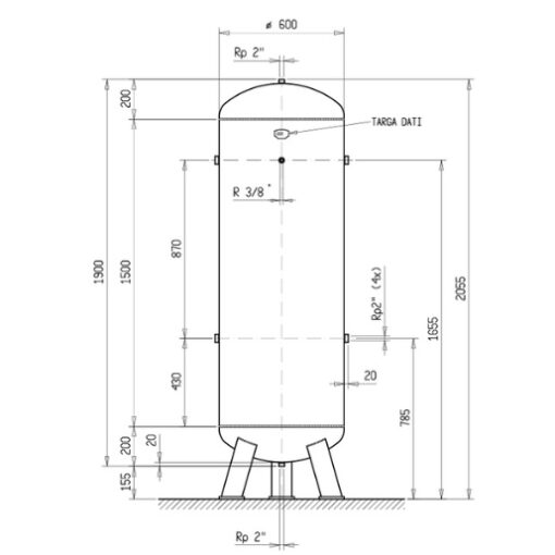 Diagram showing the dimensions of the 500 litre vertical air tank from FSN