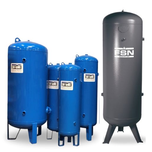 The image has a plain white background and shows a collection of blue Hi-line vertical air compressor tanks alongside a grey FSN vertical compressor tank.