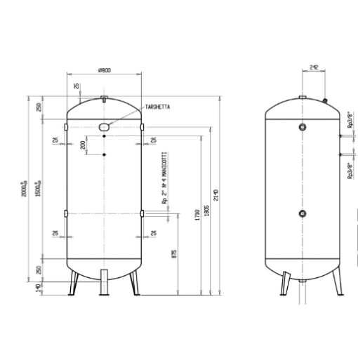 Diagram showing the dimensions and fitting sizes of the 900l upright air receiver from FSN