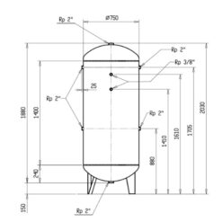 Diagram of the FSN 720l vertical air receiver tank dimensions